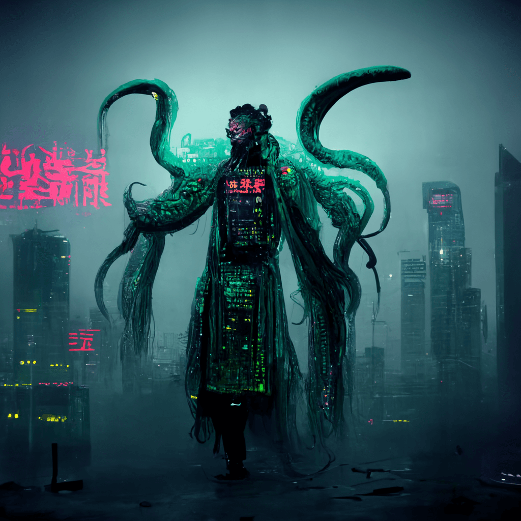 AI Artwork by MidJourney with keywords “Cyberpunk Cthulhu China”.